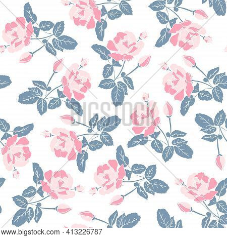 Delicate Pink Roses Seamless Pattern. Hand Drawn Flat Silhouettes On White Background. Rich Floral O