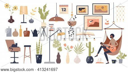 Home Decor Collection With Interior Design Elements Set Tiny Person Concept