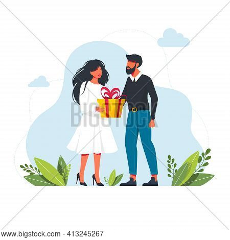 Man Give A Present To A Woman. Flat Vector Illustration. Man Gives A Gift To Woman. Cartoon Boy Givi