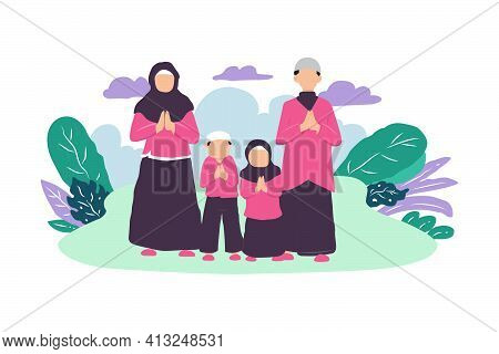 Family Muslim Sketch Illustration In The Gardens With Greetings Gesture