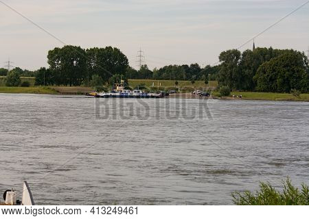 Orsoy, Nrw, Germany - June 23, 2019:  Ferry City Orsoy On The Rhine. The Ferry Connects Orsoy In Nrw