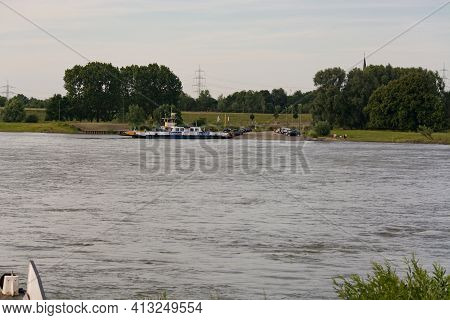 Orsoy, Nrw, Germany - June 23, 2019:  Ferry City Orsoy On The Rhine. The Ferry Connects Orsoy In Nrw