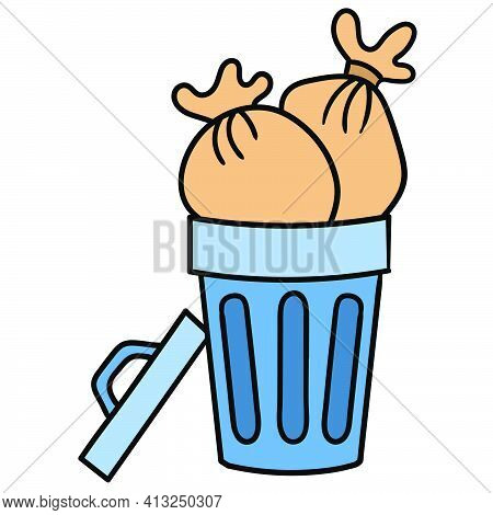 Full Trash Can, Doodle Icon Image. Cartoon Caharacter Cute Doodle Draw