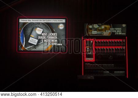 Belgrade, Serbia - August 17, 2019: Selective Blur On Posters Advertising For Luckies, The Vintage N