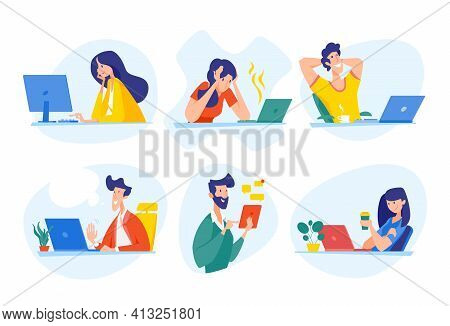 Set Of Conceptual Illustrations Of People Working At The Table, Using A Computer For A Group Virtual