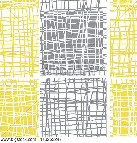 Irregular Vector Gauze Weave Effect Striped Seamless Pattern Background. Backdrop Of Alternating Yel