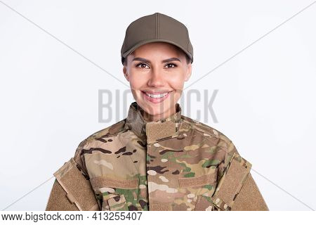 Photo Of Young Woman Happy Positive Smile Soldier Army Wear Camouflage Uniform Isolated Over White C