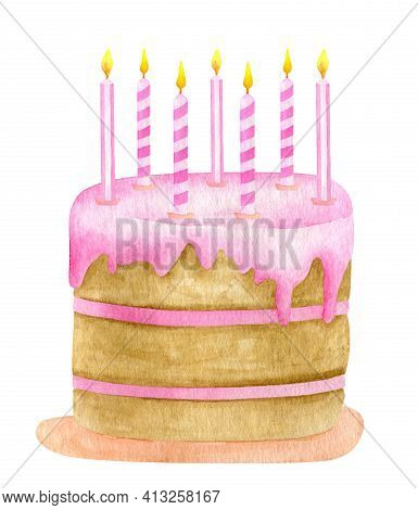 Watercolor Birthday Cake With Seven Candles. Hand Painted Cute Biscuit Cake With Pink Glaze. Dessert