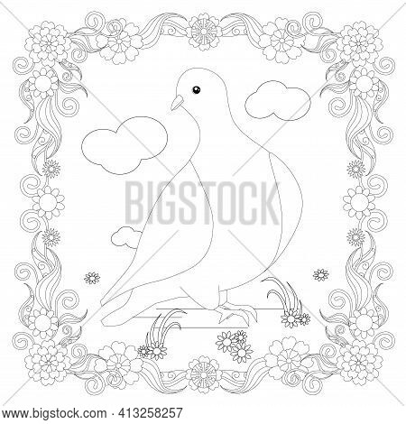 Dove In Floral Frame Design Element Stock Vector Illustration For Coloring Book, Anti Stress Page St