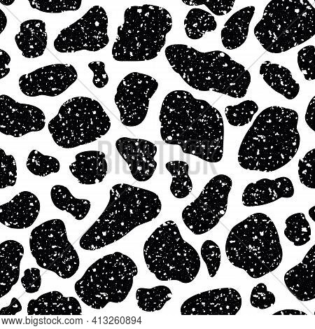 Vector Cow Hide Pattern Seamless Background. Black Irregular Patches On White Backdrop. Abstract Cow