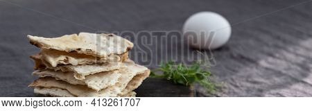Homemade Matzo  With Microgreen Peas. Unleavened Flatbread Bread. Pesah Celebration Concept.  Jewish