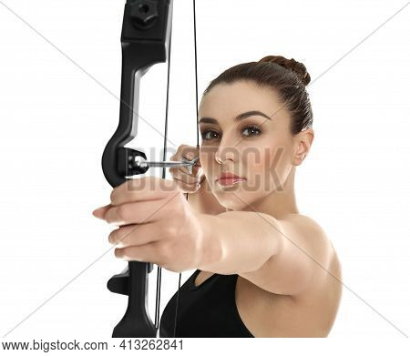Woman With Bow And Arrow Practicing Archery On White Background