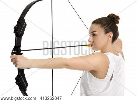 Woman With Bow And Arrow Practicing Archery On White Background