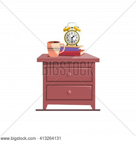 Bedside Table With Alarm Clock, Book, Mug, Vector Illustration Isolated On White Background