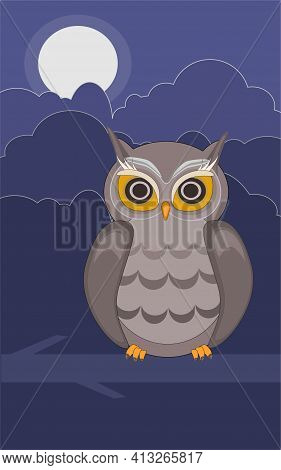 Owl Sitting On Branch Of Tree At Full Moon
