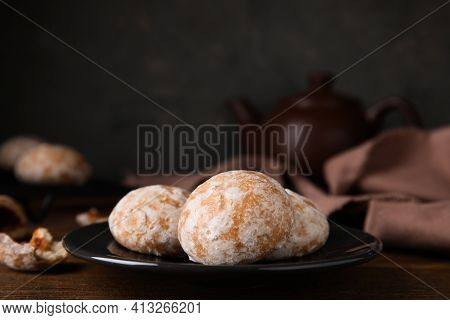 Tasty Homemade Gingerbread Cookies On Wooden Table, Space For Text