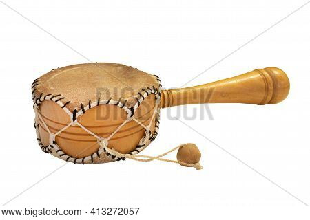 Damaru Drum Percussion Instrument With A Handle On A White Background. Ethnic Musical Instrument. Is