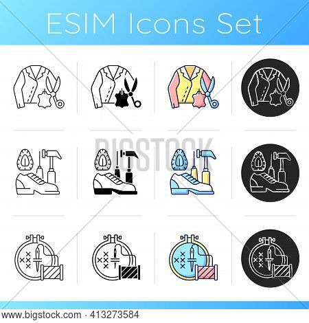 Clothing Alteration Icons Set. Leather And Suede Repair. Shoemaking Service, Emroidery Hobby, Cross 