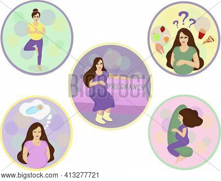 Pregnant Woman Is Sitting, Eating, Sleping And Doing Yoga. Set About Pregnancy. Vector Illustration