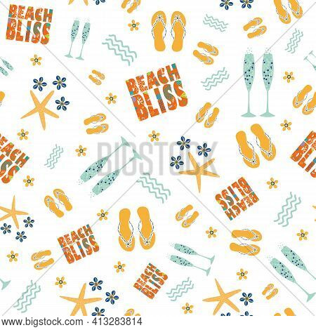 Beach Bliss Typography, Champagne, Flip Flop Vector Seamless Pattern Background.tropical Color Text,