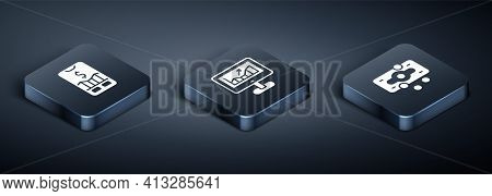 Set Isometric Mobile Stock Trading, Stacks Paper Money Cash And Computer With Growth Graph Icon. Vec