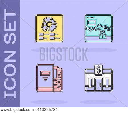 Set Bank Building, Pie Chart Infographic, Office Folders And Failure Stocks Market Icon. Vector