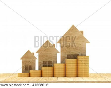 Wooden House Icon With Stacks Of Coins As A Graph Isolated On White. 3d Illustration