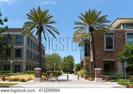 ORANGE, CALIFORNIA - 14 MAY 2020: East Gateway with Argyros Forum and Keck Center for Science and Engineering at Chapman University.
