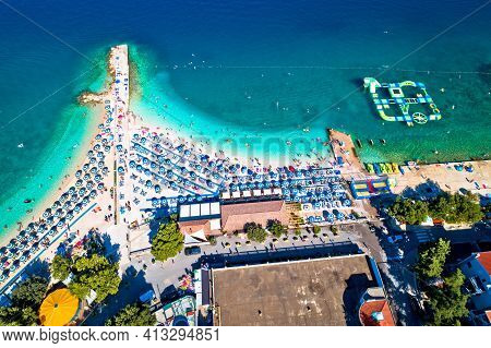 Aerial View Of Poli Mora Turquoise Sand Beach In Selce, Crikvenica Riviera In Croatia