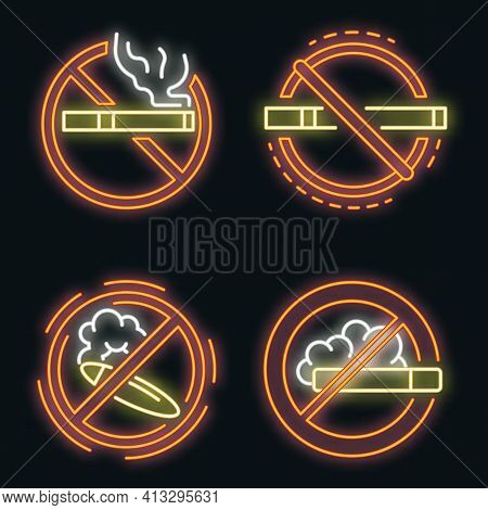 No Smoking Sign Icon Set. Outline Set Of No Smoking Sign Vector Icons Neon Color On Black
