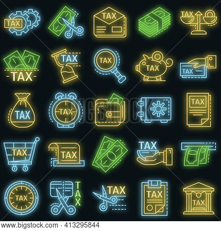 Taxes Icon Set. Outline Set Of Taxes Vector Icons Neon Color On Black