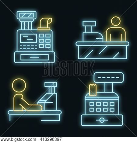 Cashier Icon Set. Outline Set Of Cashier Vector Icons Neon Color On Black