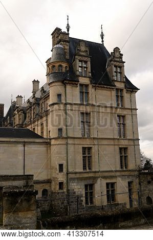 Ecouen, France - February 20 2021 : Historical Chateau In City Of Ecouen, North Of Paris, France