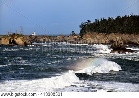 Cape Arago Lighthouse With Rainbow Wave, Coos County, Oregon