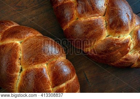Easter Tsoureki Braid, Greek Easter Sweet Bread, On Wooden Background