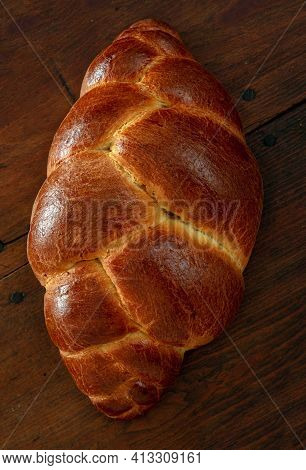 Easter Tsoureki Braid, Greek Easter Sweet Bread, On Wooden Background