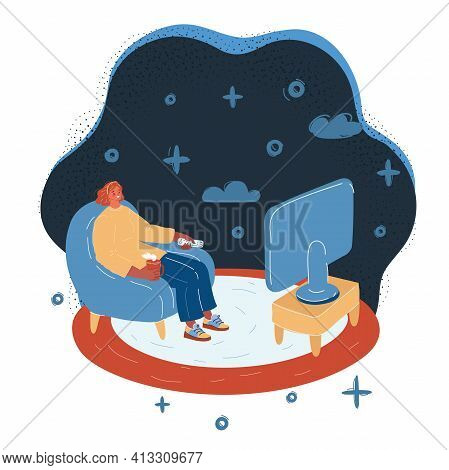 Vector Illustration Of Woman In An Armchair Watches Tv On White.