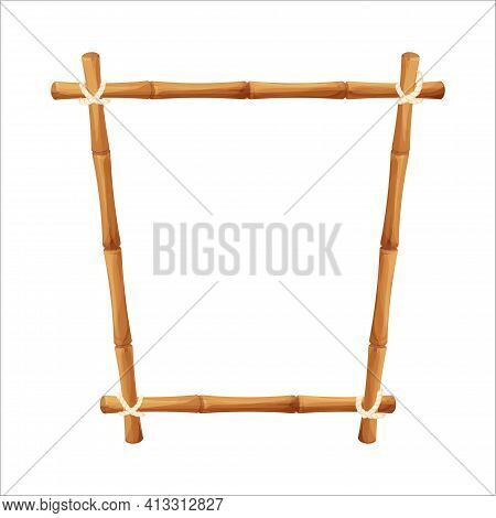 Bamboo Border Frame With Rope In Cartoon Style, Decoration Isolated On White Background Stock Vector