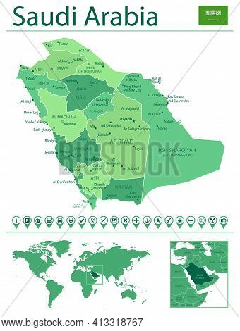 Saudi Arabia Detailed Map And Flag. Saudi Arabia On World Map.