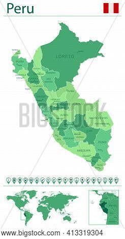 Peru Detailed Map And Flag. Peru On World Map.