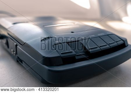 Portable Compact Cassette Recorder From The 80s. Play Button Is Pressed. Record And Play Music. Retr