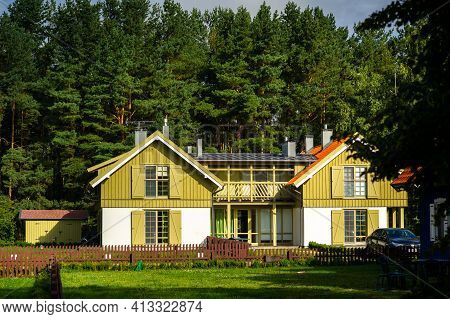 August 17, 2017 Pervalka Village, Lithuania, Old Lithuanian Traditional Wooden House In The Village