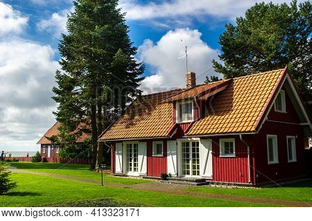 August 17, 2017 Pervalka Village, Lithuania, Old Lithuanian Traditional Wooden House In The Village