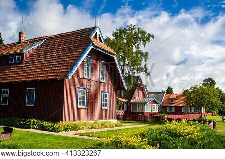 August 17, 2017 Pervalka Village, Lithuania, Old Lithuanian Traditional Wooden House In The Village