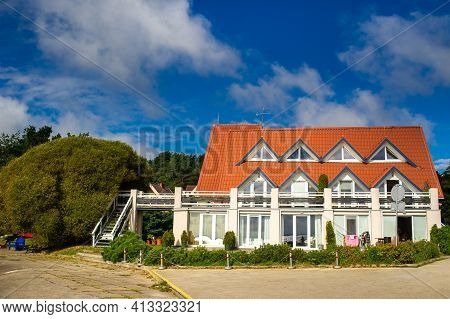 August 17, 2017 Pervalka Village, Lithuania, Old Lithuanian Traditional Wooden House In The Village