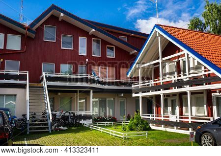 August 17, 2017 Pervalka Village, Lithuania, Old Lithuanian Traditional Wooden House In The Village