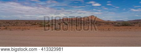 Desert Landscape Of Dorob National Park In Namibia. Background With Blue Sky, Panorama