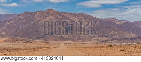 Desert Landscape Of Dorob National Park In Namibia. Background With Blue Sky, Panorama