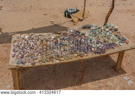 Typical Roadside Scene Where You Can Stop And Buy Stone Souvenirs At Dorob National Park In Namibia.