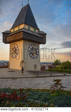 The Famous Clock Tower (grazer Uhrturm) And Gardens On Shlossberg Hill, Graz, Styria Region, Austria